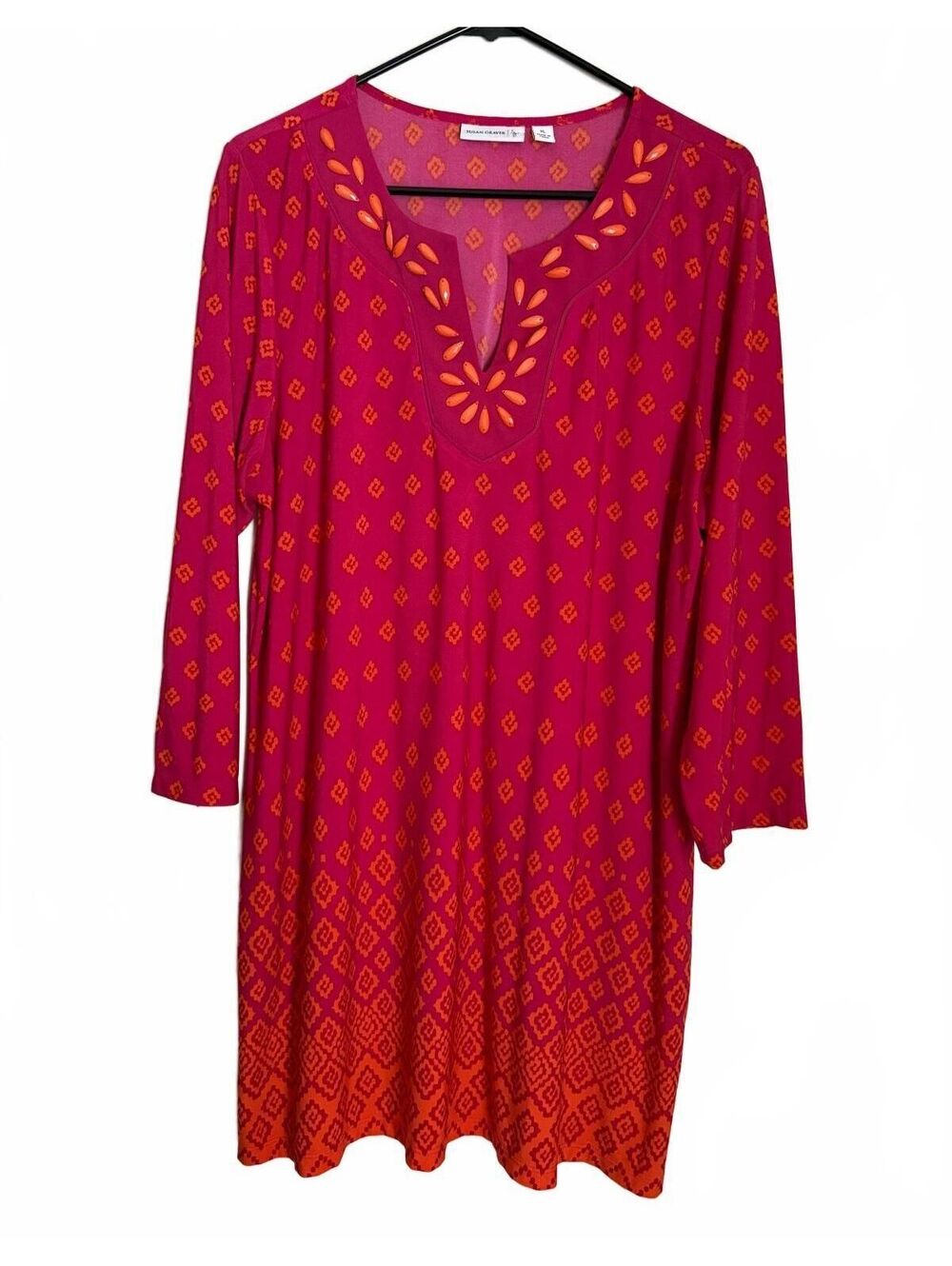 Susan Graver Tunic Mini Shift Dress Size XL Pink Orange Retro Beaded City Chic